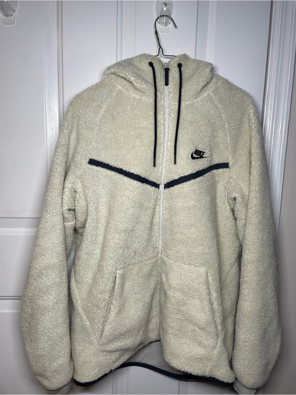 Nike Cream Sherpa Fleece Hooded Zip Jacket with Black Trim